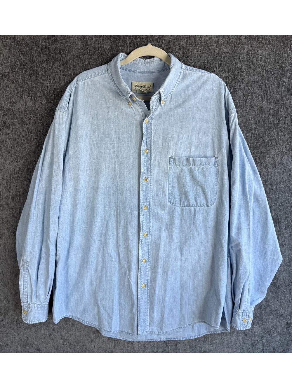 Vintage Eddie Bauer Denim Shirt Mens XL Tall Light Wash Blue Button Down Cotton